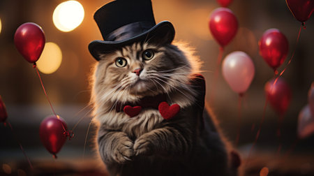 A cat wearing a top hat and bow tie with red balloons, AIの素材