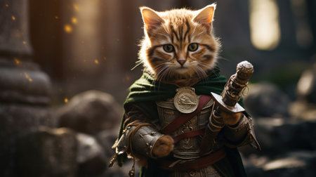 A cat dressed in armor holding a sword and shield, AIの素材