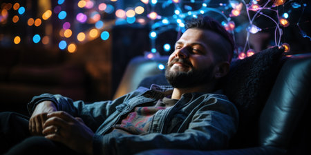 A man sitting on a couch with his head resting in the palm of his hand, AIの素材