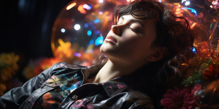 A woman laying down with her eyes closed and a flower arrangement behind, AIの素材