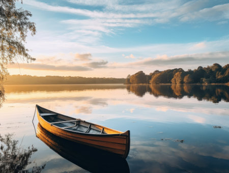 A small boat is sitting on the water in a calm lake, AIの素材