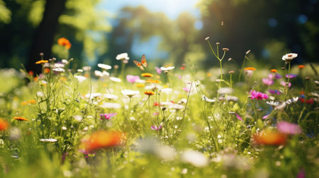 A field of flowers with a butterfly in the middle, AIの素材