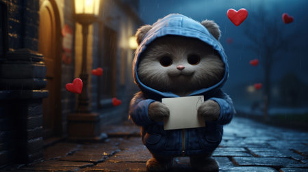 A small teddy bear in a blue jacket holding up a note, AIの素材