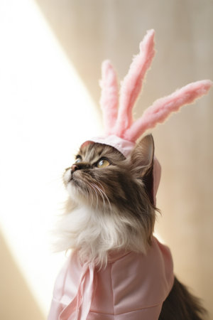 A cat wearing a pink bunny costume with rabbit ears, AIの素材