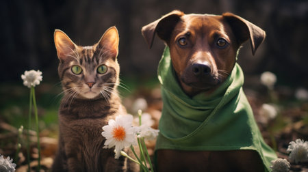 A cat and dog sitting next to each other in the grass, AIの素材