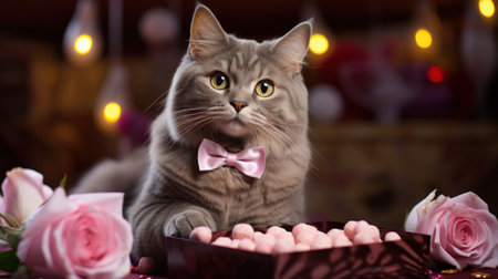 A cat with a bow tie sitting next to some pink roses, AIの素材