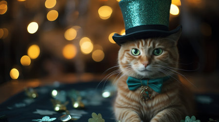 A cat wearing a green bow tie and top hat sitting on the floor, AIの素材