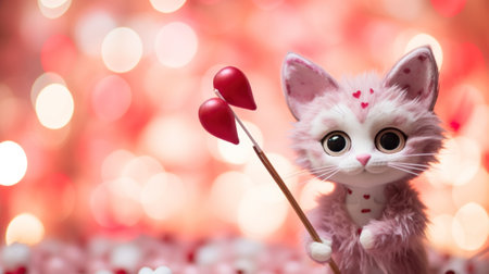 A small stuffed cat holding a heart shaped stick with eyes, AIの素材