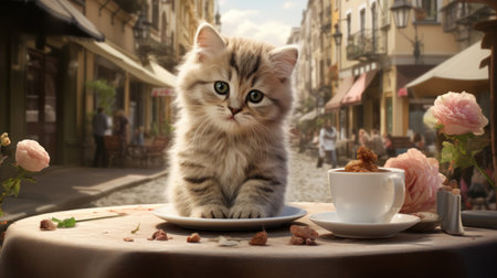 A kitten sitting on a plate with flowers and coffee cup, AIの素材