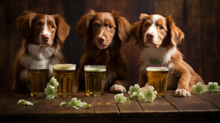 Three dogs are sitting next to a table with beer, AIの素材
