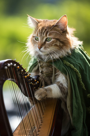 A cat dressed in a green cloak playing the harp, AIの素材