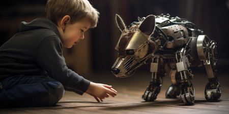 A young boy playing with a robot dog on the floor, AIの素材