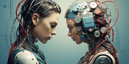 Two women with wires and circuitry on their heads, AIの素材