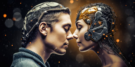 A man and woman in futuristic looking costumes with a headpiece, AIの素材