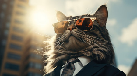 A cat wearing sunglasses and a suit with the sun shining behind it, AIの素材
