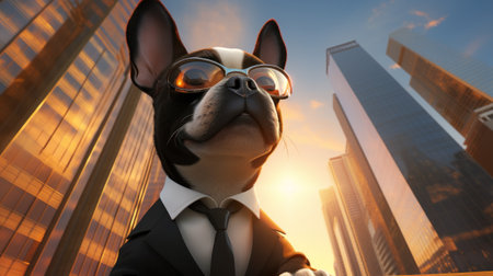 A cartoon dog wearing a suit and tie with sunglasses, AIの素材