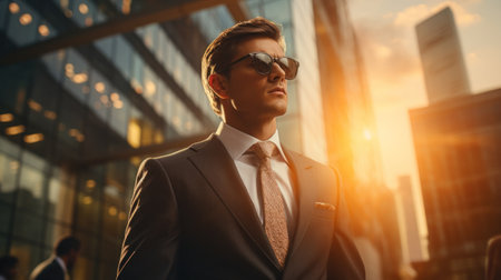 A man in a suit and tie standing outside with city lights behind him, AIの素材