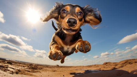 A dog running on the beach with a blue sky in background, AIの素材
