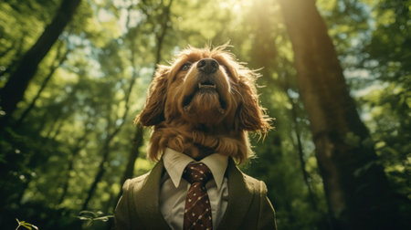 A dog wearing a suit and tie in the woods, AIの素材