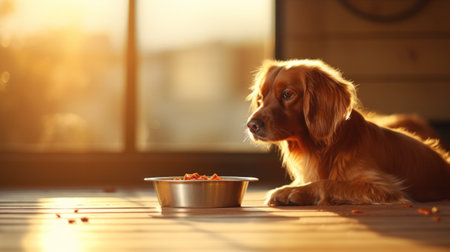 A dog sitting next to a bowl of food on the floor, AIの素材
