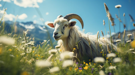 A ram with long horns sitting in a field of flowers, AIの素材