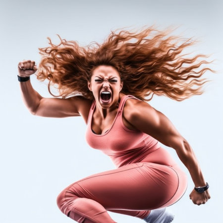 A woman in a pink outfit jumping up and down, AIの素材