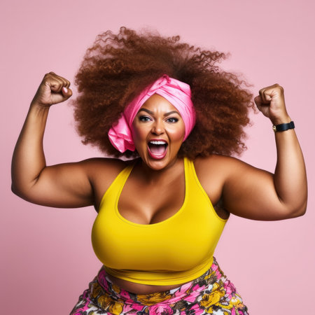 A woman with a big afro wearing pink and yellow in a gym, AIの素材