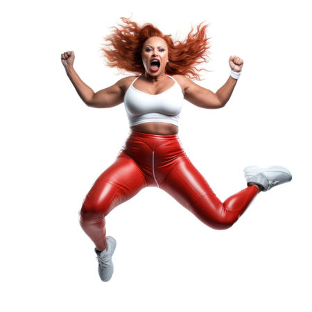 A woman in red pants and white top jumping up, AIの素材