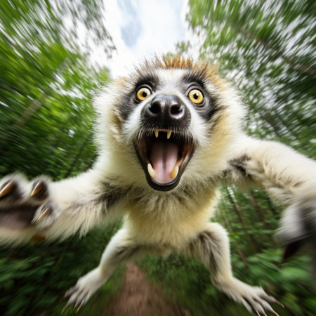 A close up of a lemur with its mouth open and eyes wide, AIの素材