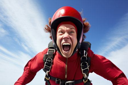 A man in a red suit with helmet and goggles on, AIの素材