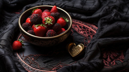 A bowl of strawberries and a heart shaped box on top, AIの素材