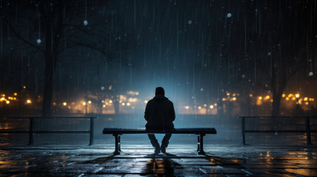 A person sitting on a bench in the rain at night, AIの素材