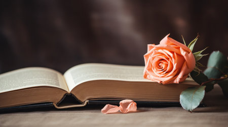 A rose and an open book on a table with some leaves, AIの素材