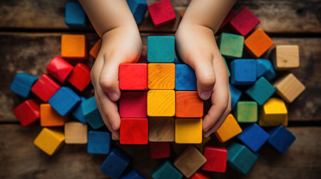 A childs hands holding a block of colorful wooden blocks, AIの素材