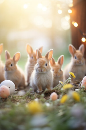 A group of small rabbits sitting on the ground next to a bunch of eggs, AIの素材