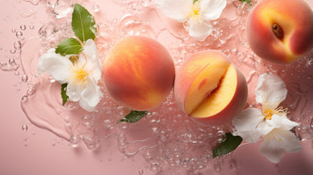 Three peaches are sitting on top of a pink surface, AIの素材