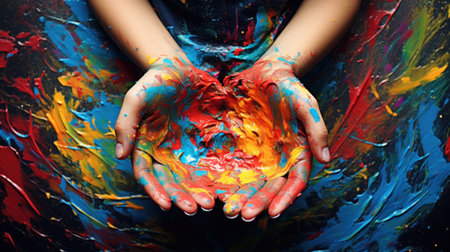 A person holding their hands in a paint covered area, AIの素材
