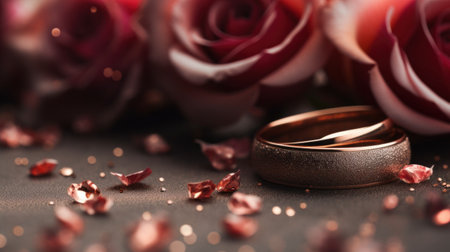 Two wedding rings are sitting next to a bunch of roses, AIの素材