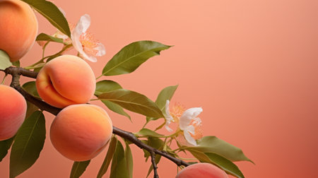 A close up of a peach tree with flowers and leaves at peach fuzz background, AIの素材