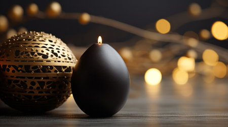 A black candle sitting next to a gold ornament on the table, AIの素材