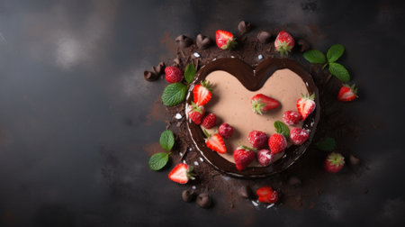 A heart shaped chocolate cake with strawberries and mint leaves, AIの素材