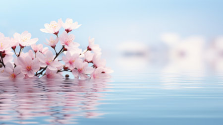 A bunch of pink flowers floating in water with a blue sky, AIの素材