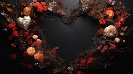 A heart shaped arrangement of flowers and shells on a black background, AIの素材