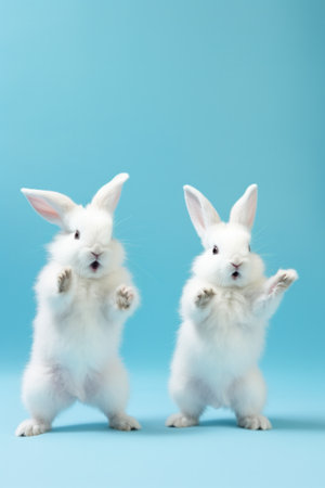 Two white rabbits standing on their hind legs with one hand up, AIの素材