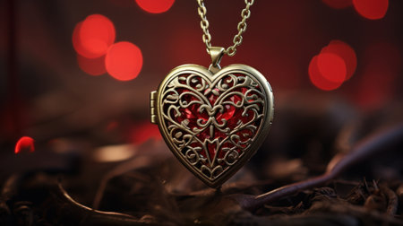 A heart shaped locket with red lights on a tree, AIの素材