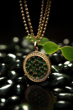 A gold pendant with green stones and a leaf on top of rocks, AIの素材