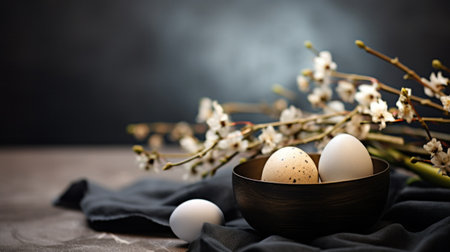 A bowl of eggs and flowers on a tablecloth, AIの素材