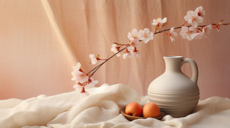 A vase with flowers and two eggs on a cloth, AIの素材