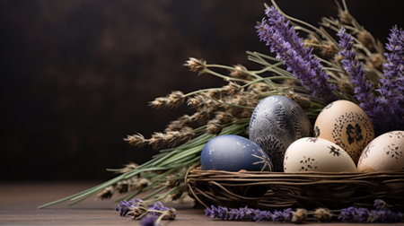 A basket with eggs and lavender flowers on a table, AIの素材