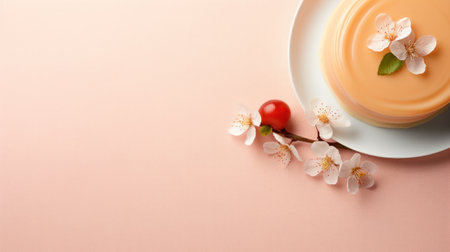 A plate with a peach fuzz cake and some flowers on it, AIの素材